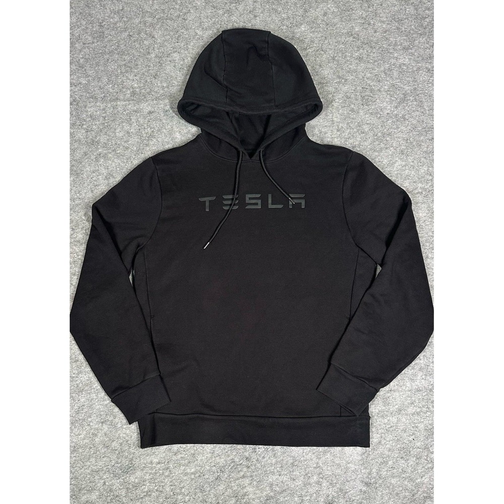Tesla Hoodie Unisex Medium Black Wordmark Logo Pullover Fleece Sweatshirt Casual
